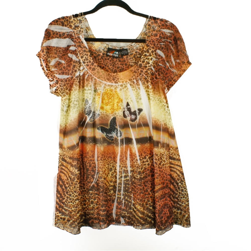Vintage Y2K 2000s Tropical Animal Print Rhinestone Jewel Butterfly Collage Top